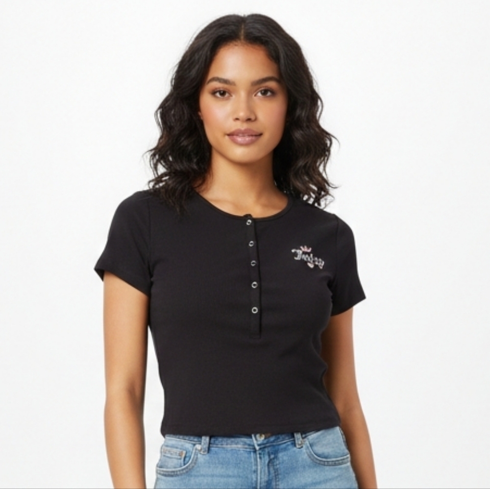 Juicy Couture Black Ribbed Crop Top XS Button Front Y2K Baby Tee